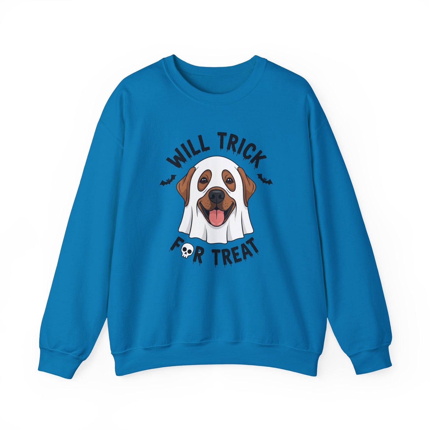 Will Trick for Treat Sweatshirt, Ghost Dog Halloween Crewneck, Funny Pet Costume Graphic Pullover, Trick-or-Treat Dog Lover Gift Sweater