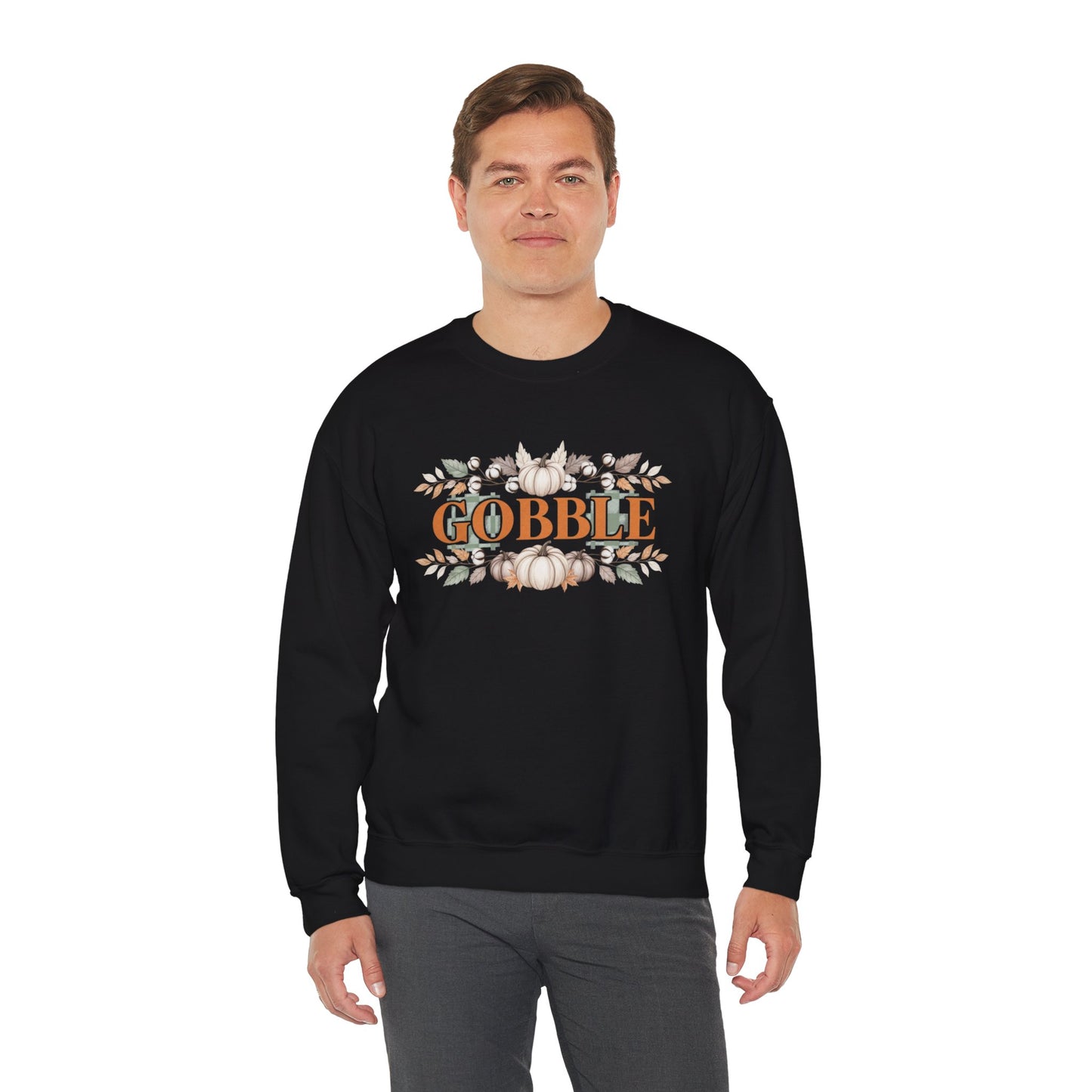Gobble Thanksgiving Sweatshirt, Neutral Fall Pumpkin Crewneck, Autumn Cotton Stems Leaves Pullover, Cozy Rustic Thanksgiving Top