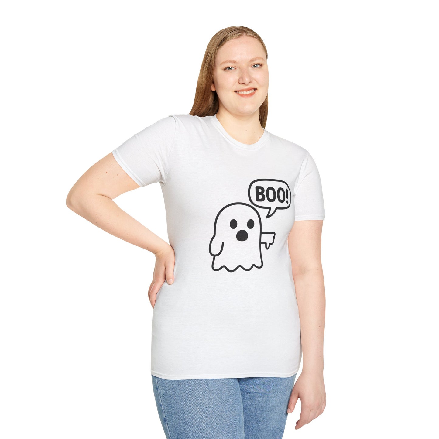 Cute Ghost Thumbs-Down 'Boo' Tee | Funny Halloween Play on Words Shirt | Spooky Season Ghost Tee | Fall Coquette Aesthetic Tee