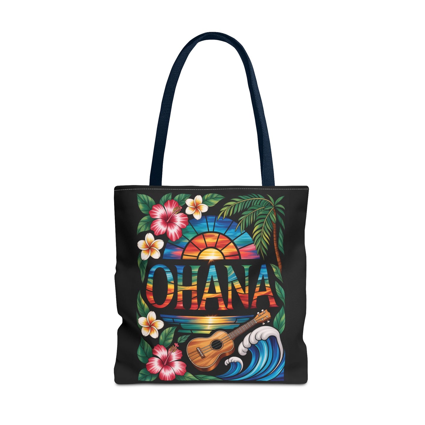 Ohana Tote Bag – Hawaiian Tropical Beach Bag with Ukulele, Sunset & Hibiscus Flowers, Island Gift for Women, Aloha Family Vibes