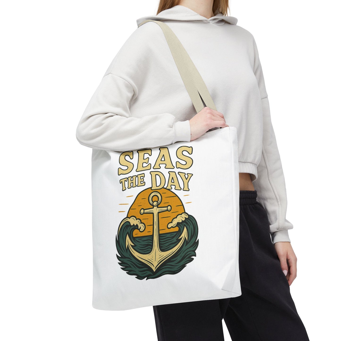 "Seas the Day" Nautical Tote Bag – Funny Beach Quote Canvas Bag with Anchor | Coastal Gift Idea for Summer, Travel, or Daily Use