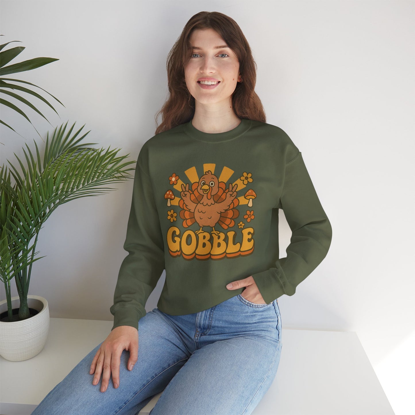 Gobble Turkey Sweatshirt, Retro Fall Turkey Crewneck, Thanksgiving Graphic Pullover, Autumn Mushroom & Flower Design, Cozy Fall Top