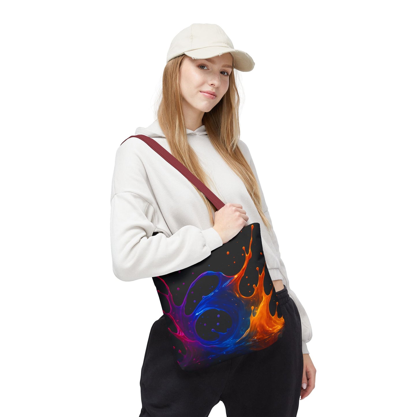 Elemental Fusion Tote Bag, Fire And Water Abstract Art Design, Vibrant Blue And Orange Splash Reusable Tote For Artists, Travel, And Everyday Use