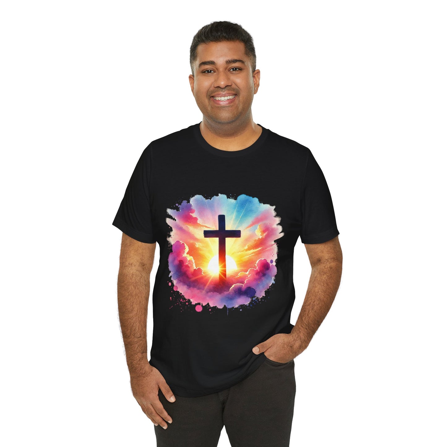 Faith Cross Sunburst Christian Tee | Inspirational Christian T-Shirt | Colorful Sunrise Cross Shirt | Faith Gifts for Women Men