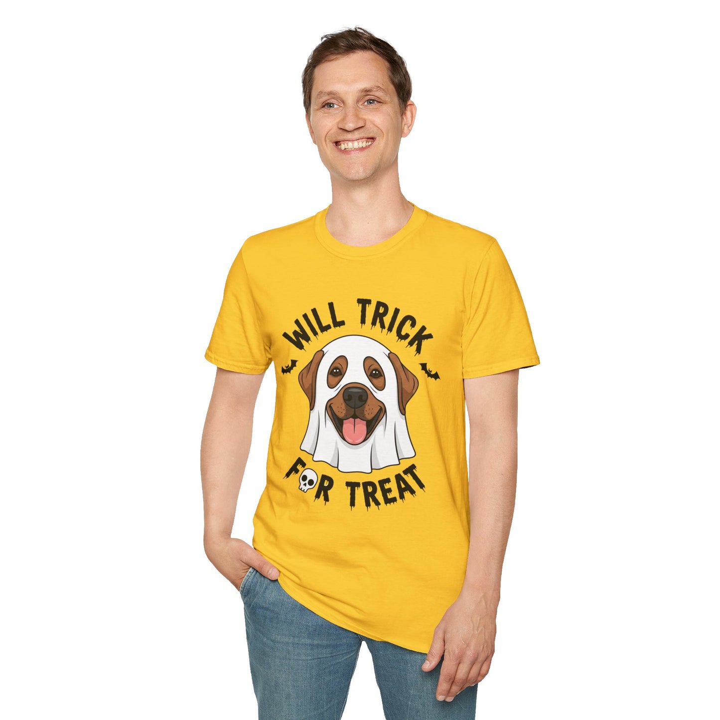 Will Trick for Treat Ghost Dog Halloween T-Shirt | Funny Spooky Dog Tee | Trick or Treat Pup Graphic Tee | Cute Fall Gift for Dog Lovers
