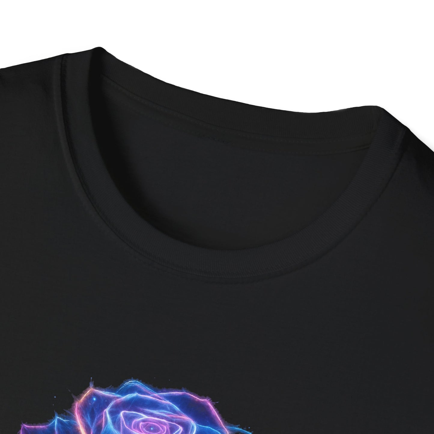 neon rose t-shirt, glowing rose tee, floral graphic shirt, neon flower design, botanical t-shirt, glow aesthetic top, trendy rose apparel
