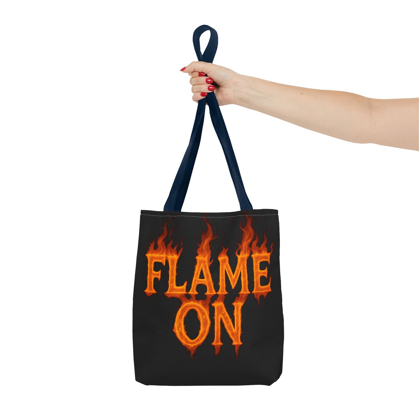 Flame On Tote Bag - Fire Typography Black Bag for Book Lovers, Gym, or Groceries | Bold Comic-Inspired Catchphrase Tote