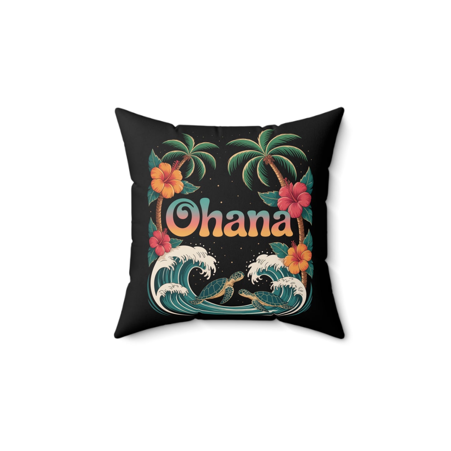 Ohana Pillow Hawaiian Decor | Tropical Throw Pillow with Turtles, Palm Trees & Flowers | Beach Vibes Home Gift Idea