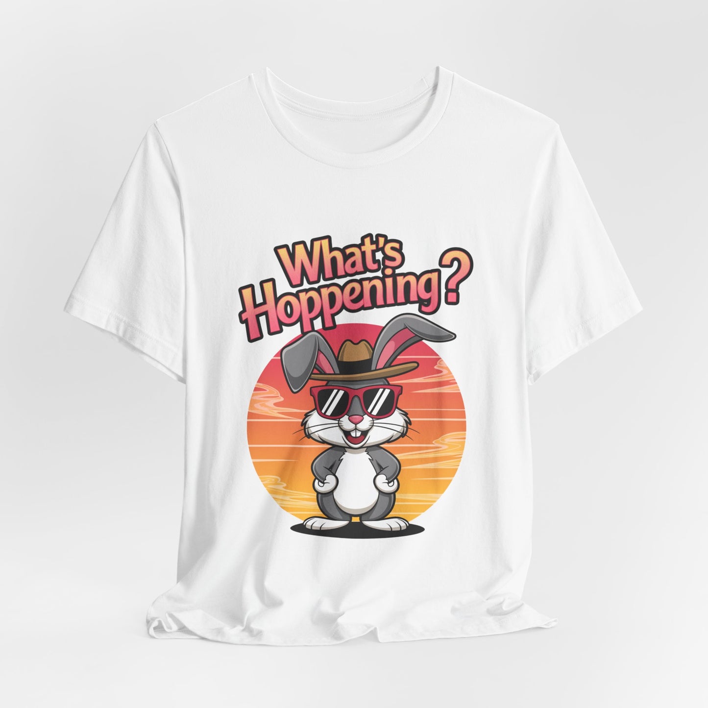 What’s Hoppening Funny Bunny Shirt – Cute Rabbit Pun T-Shirt – Sunset Graphic Tee for Animal Lovers, Easter, and Pun Enthusiasts