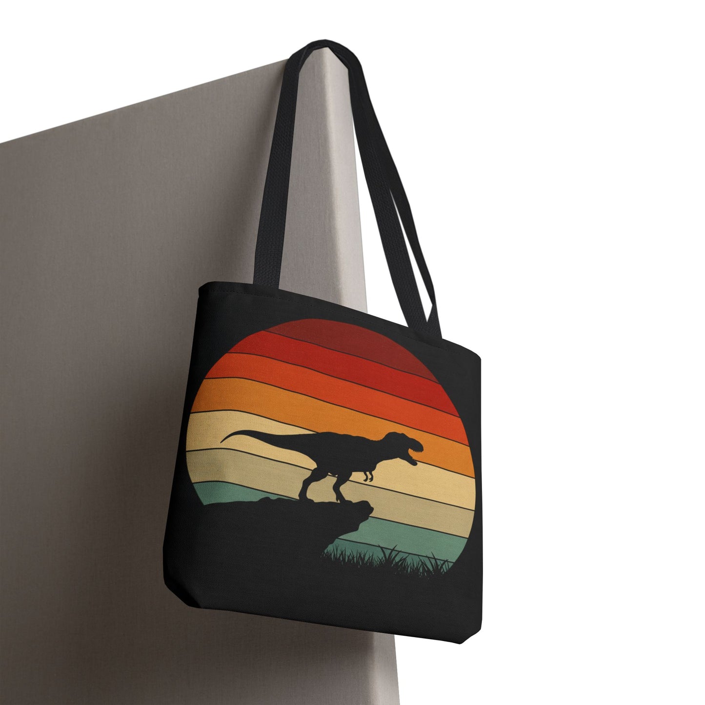 Retro Dinosaur Sunset Tote Bag | AOP Canvas Shopper - Eco Beach Bag for Dino Lovers and Kids, All-Over Print Summer Travel Gift