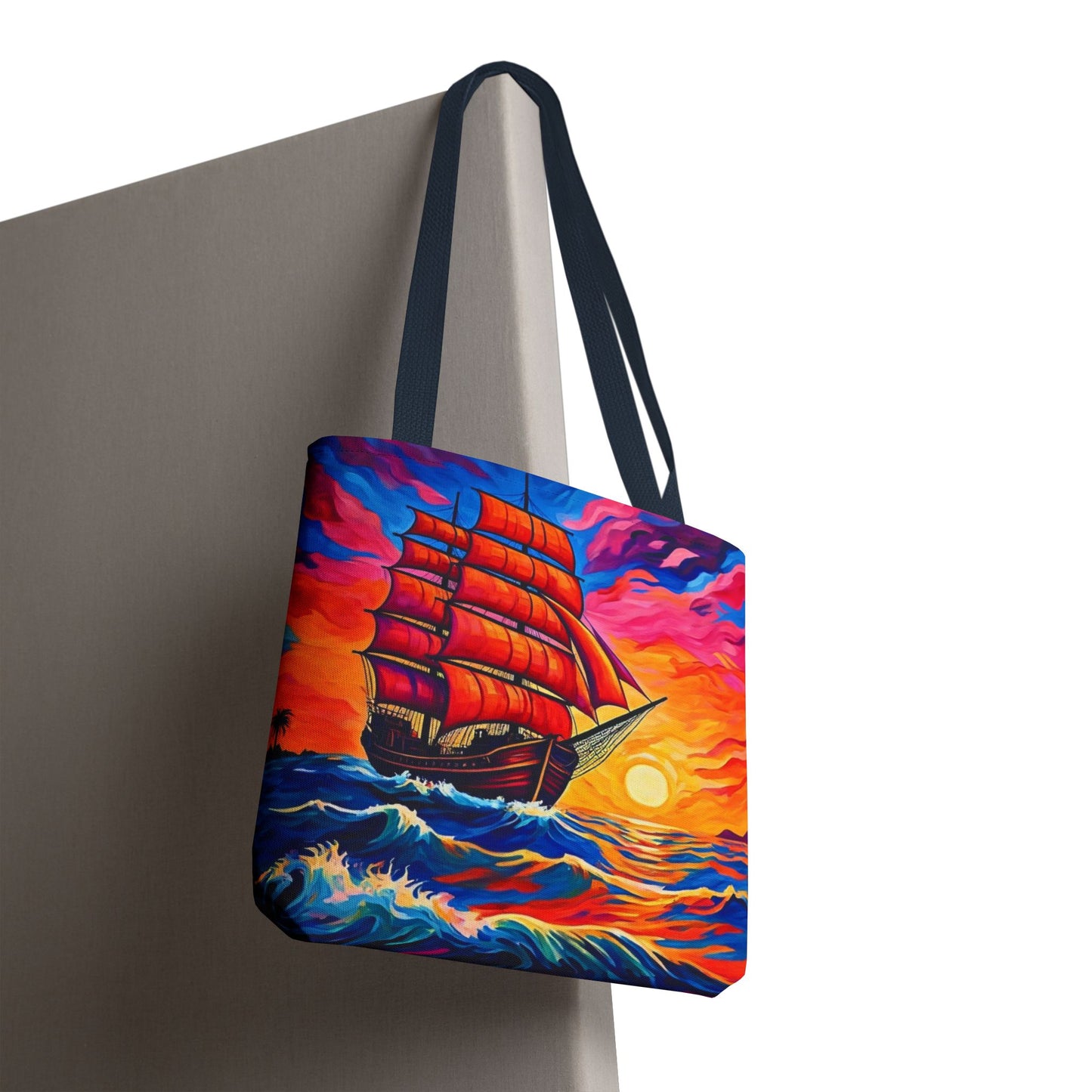 Crimson Voyage Tote Bag, Red Sailboat At Sunset Artistic Ocean Design, Nautical Reusable Tote For Beach, Travel, And Everyday Use