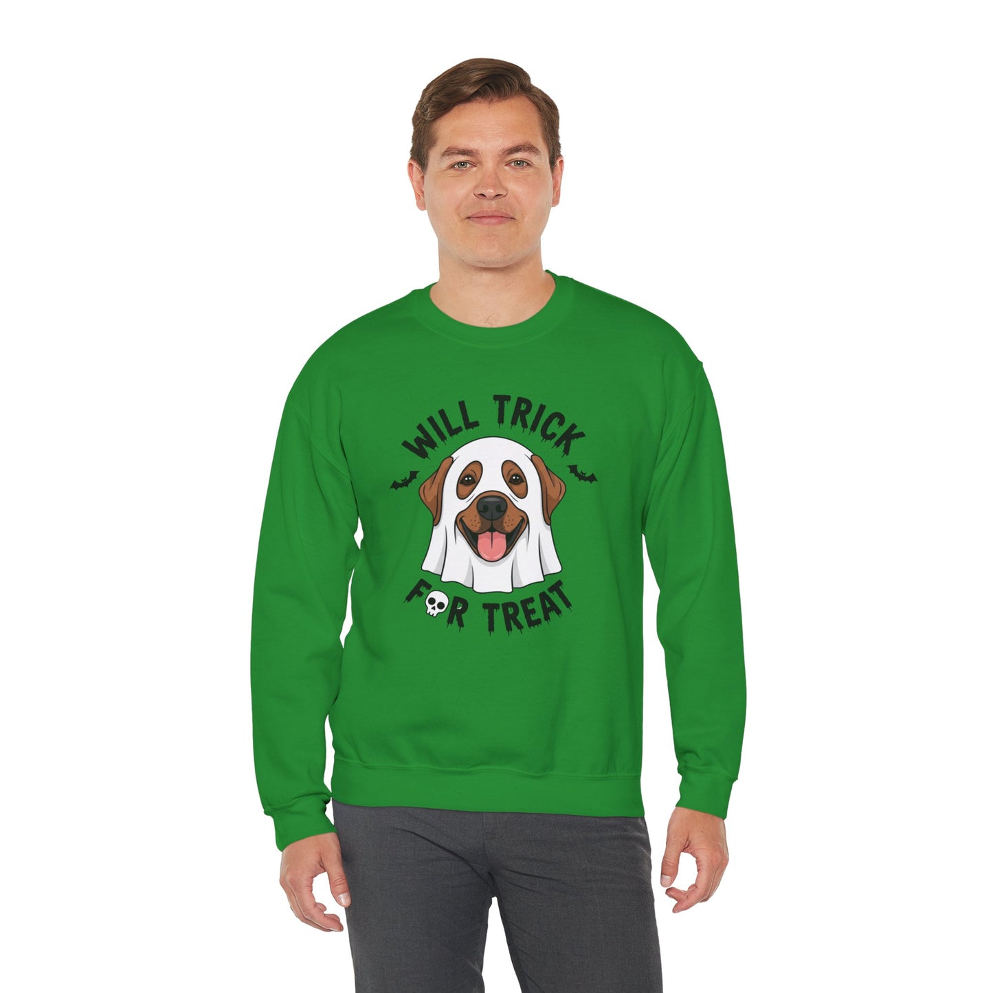Will Trick for Treat Sweatshirt, Ghost Dog Halloween Crewneck, Funny Pet Costume Graphic Pullover, Trick-or-Treat Dog Lover Gift Sweater