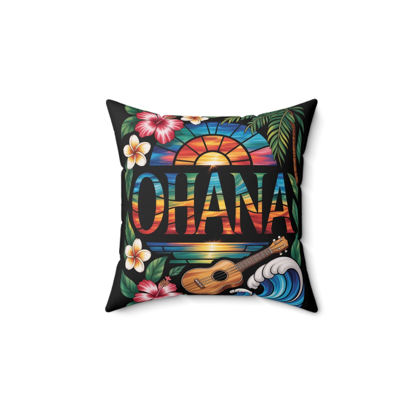 Ohana Throw Pillow – Hawaiian Sunset Cushion with Ukulele & Tropical Flowers, Aloha Decor, Beach House Accent, Family Gift, Island Living