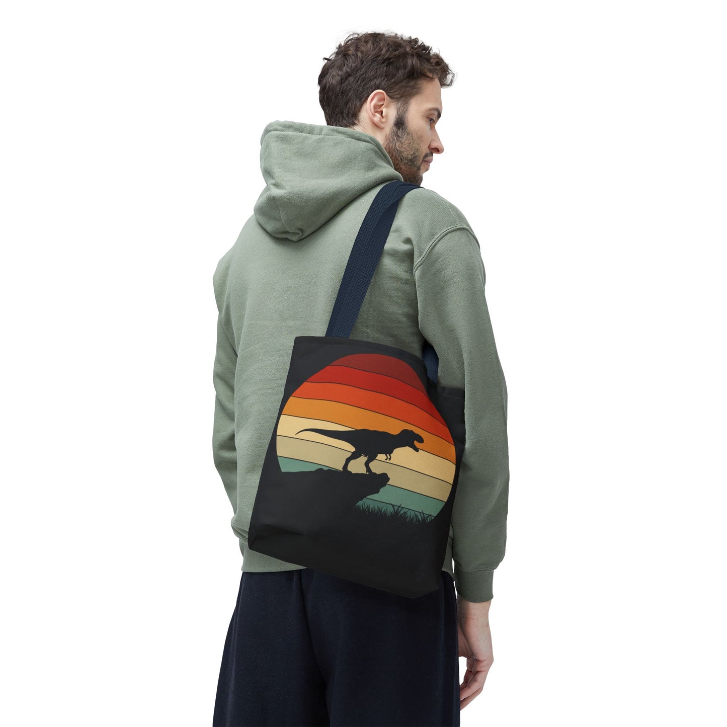 Retro Dinosaur Sunset Tote Bag | AOP Canvas Shopper - Eco Beach Bag for Dino Lovers and Kids, All-Over Print Summer Travel Gift