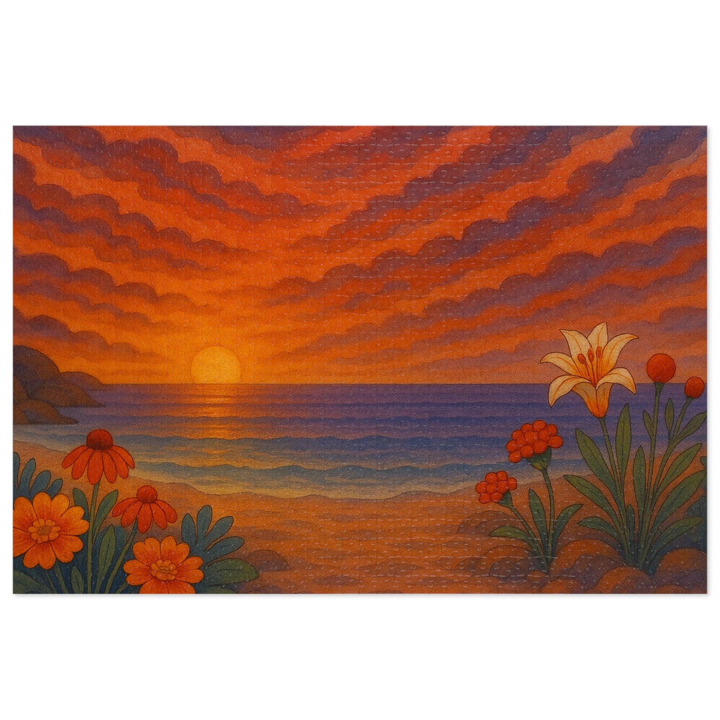 Jigsaw Puzzle: Floral Ocean Sunset Nautical Puzzle Seaside Game Family Fun Night