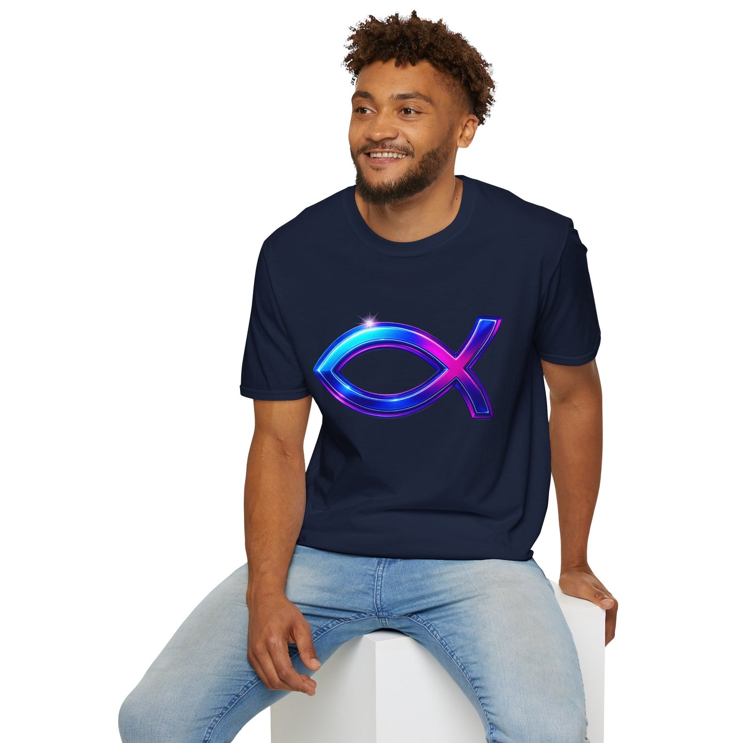 Neon Christian Fish T-Shirt, Modern Faith Tee, Ichthys Jesus Shirt, Spiritual Gift For Men And Women, Glow Cross Symbol Graphic Tee