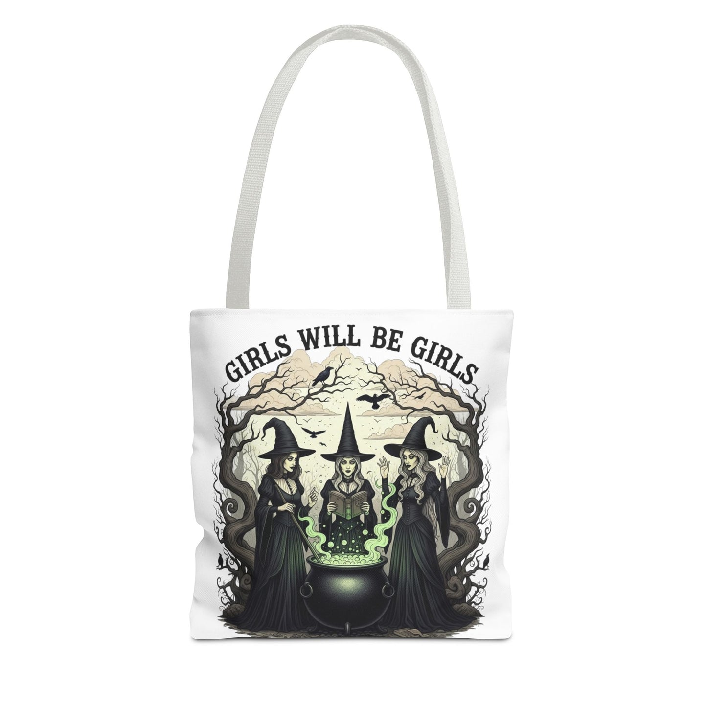 Girls Will Be Girls Halloween Tote Bag, Witchy Aesthetic Bag, Gothic Witches Cauldron Art, Spooky Gift, Reusable Eco Tote For Halloween Lovers