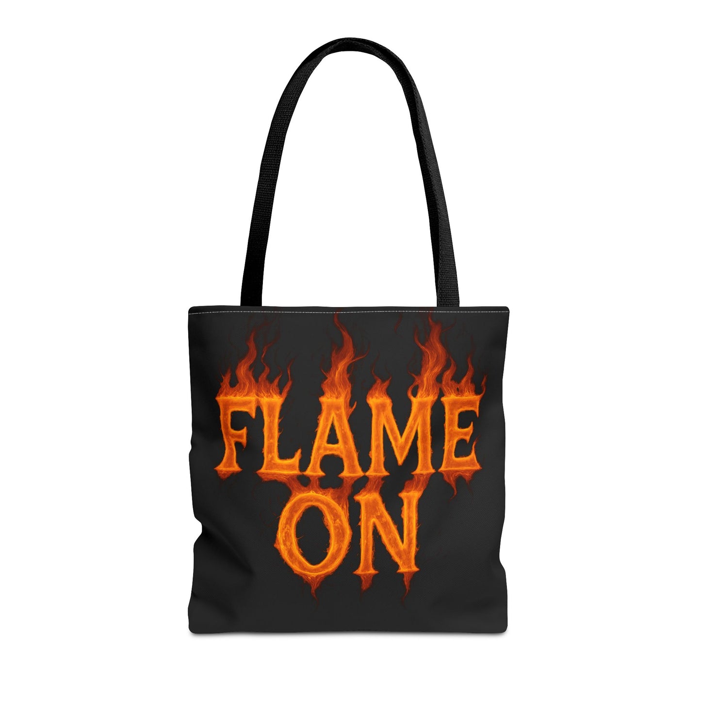 Flame On Tote Bag - Fire Typography Black Bag for Book Lovers, Gym, or Groceries | Bold Comic-Inspired Catchphrase Tote