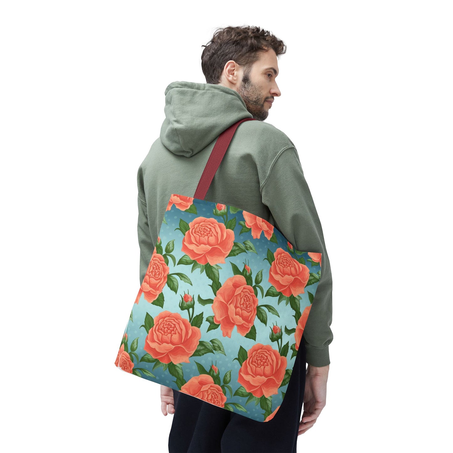 Vintage Floral Tote Bag – Coral Rose Pattern on Blue Background – Aesthetic Everyday Carry Bag – Reusable Fabric Market Tote Gift