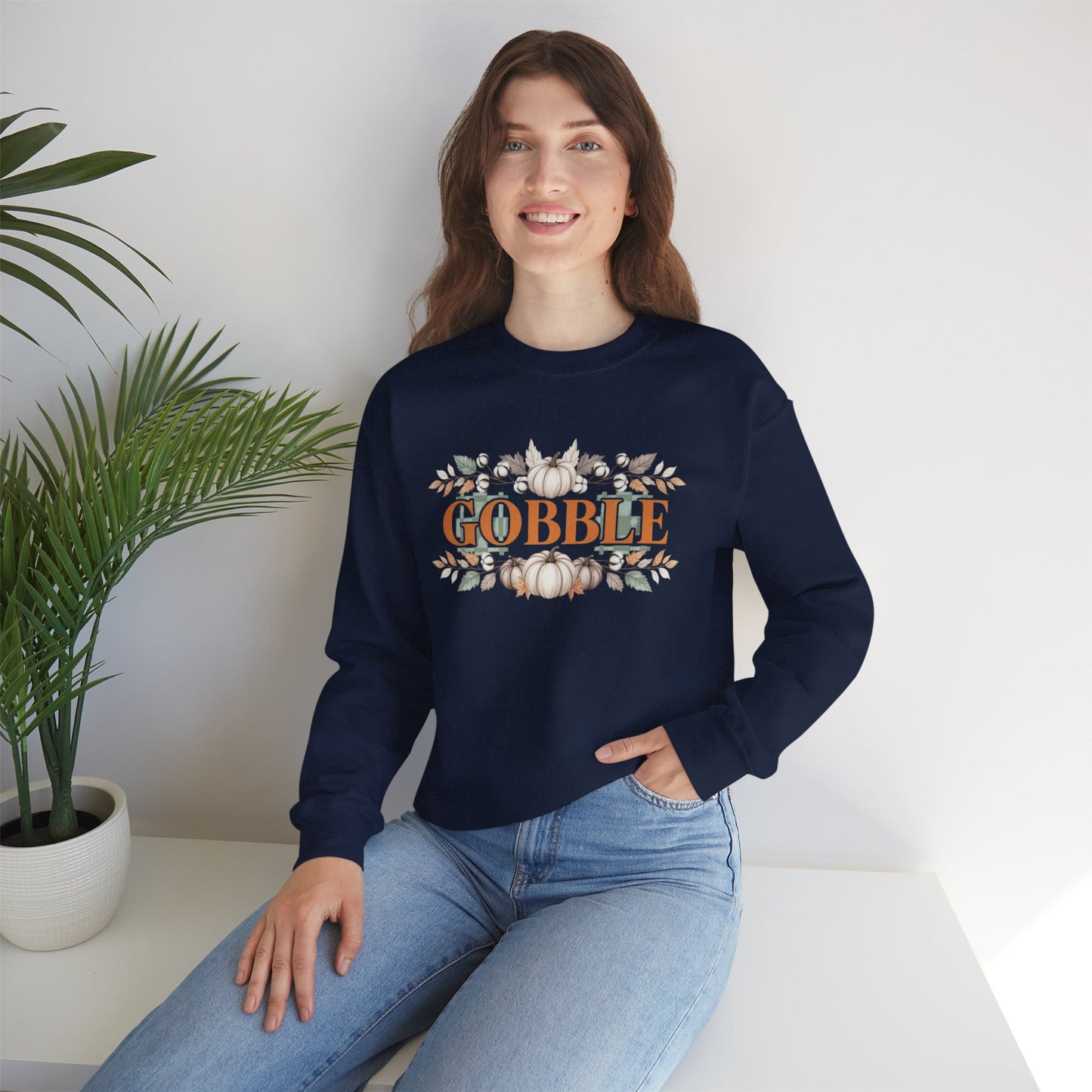 Gobble Thanksgiving Sweatshirt, Neutral Fall Pumpkin Crewneck, Autumn Cotton Stems Leaves Pullover, Cozy Rustic Thanksgiving Top