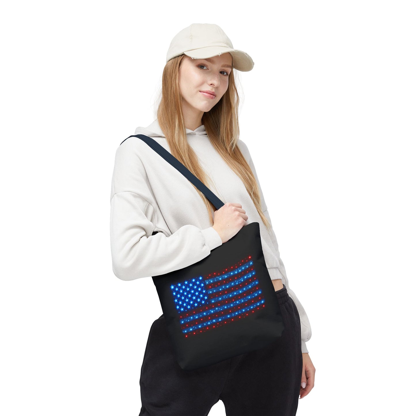 Galaxy Bioluminescent USA Flag Tote Bag - Patriotic Cosmic Canvas Shopper - Starry Red White Blue Tote Non-Glow - 4th July Gift