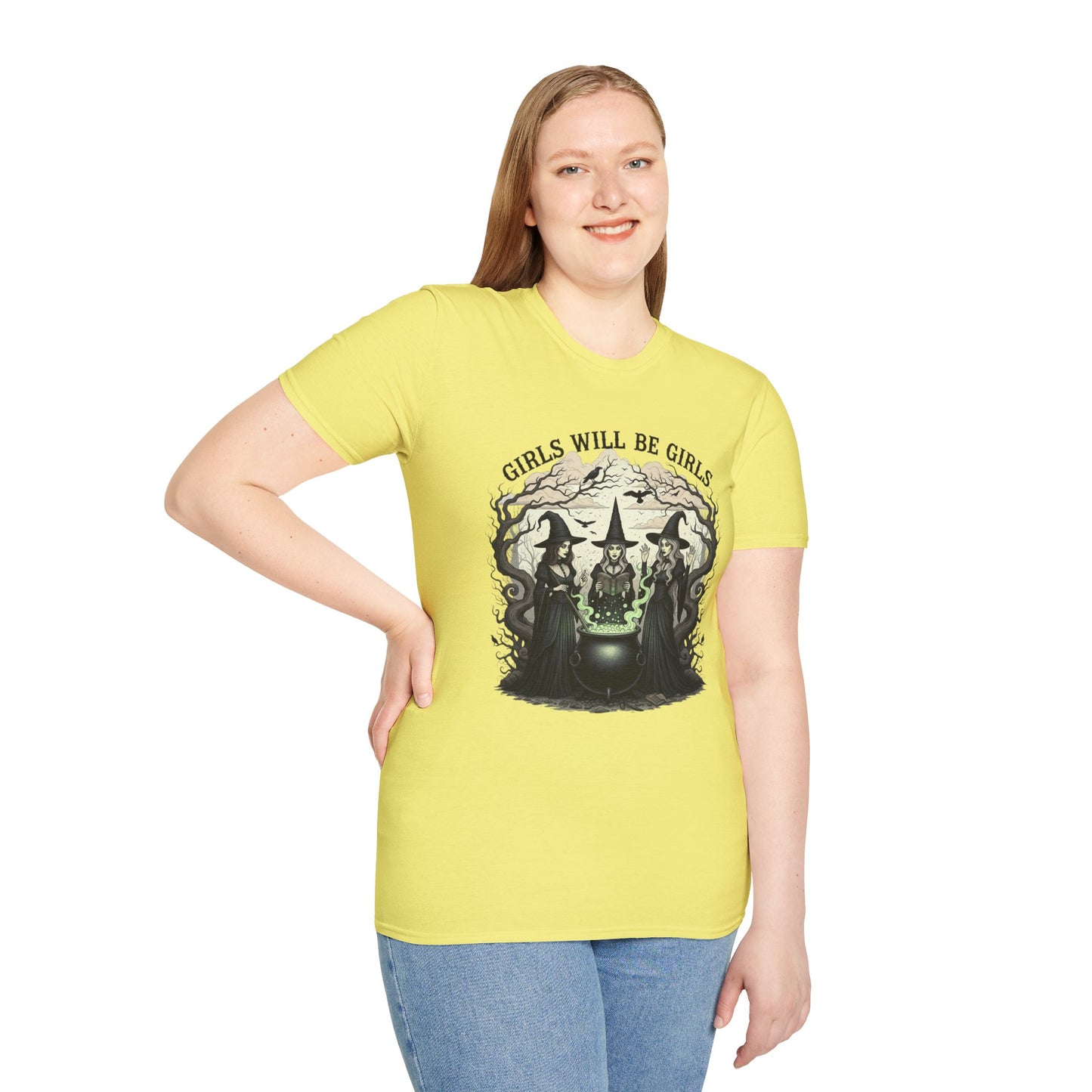 Girls Will Be Girls Witch Tee - Witches Brewing Cauldron Shirt - Halloween Witchy Vintage Feminist Spooky Gift for Women