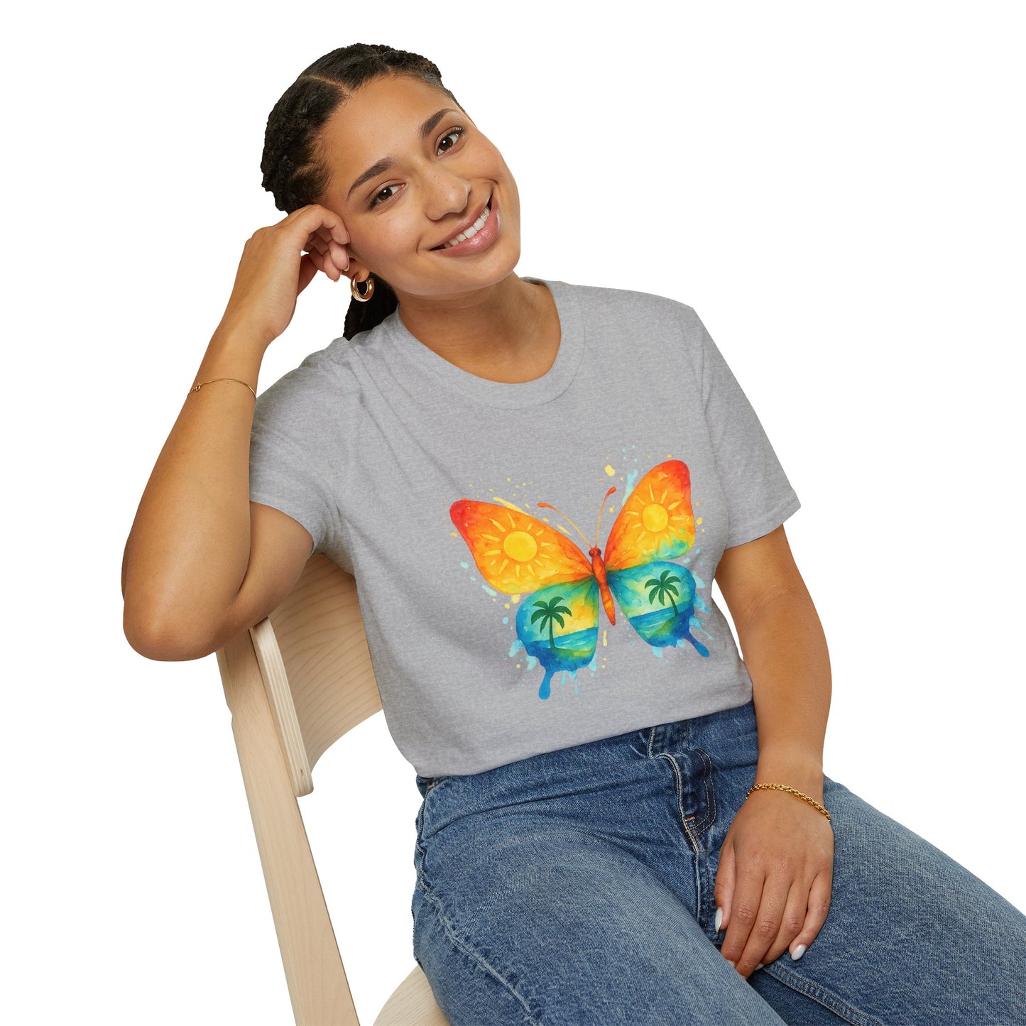 Butterfly Sunset Beach Tee - Ocean & Palm Watercolor Butterfly T-Shirt, Coastal Boho Graphic, Nature Lover Gift, Unisex Casual Tee