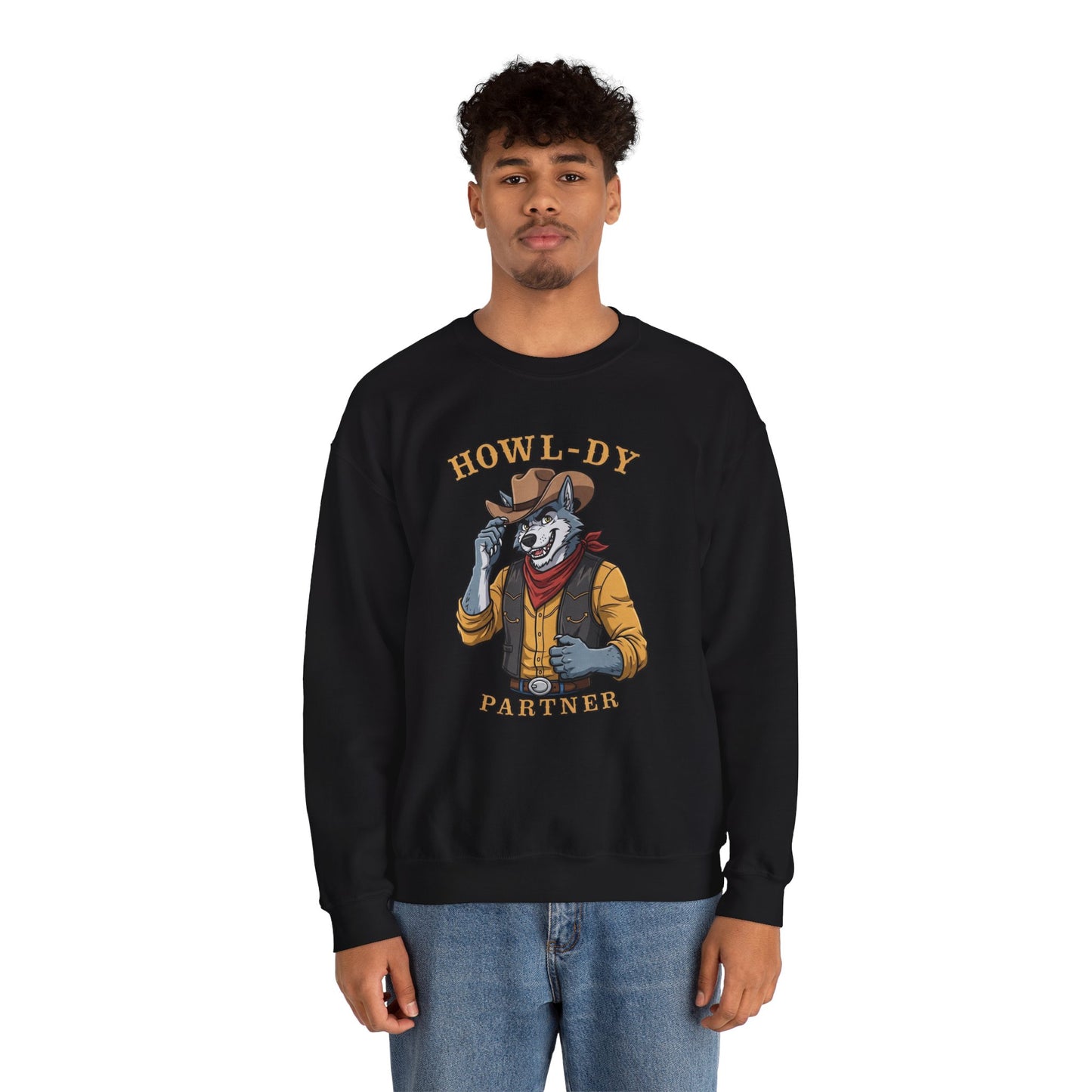 Howl-dy Partner Wolf Sweatshirt, Cowboy Werewolf Halloween Crewneck, Western Spooky Graphic Pullover for Animal Lover Gift Sweatshirt