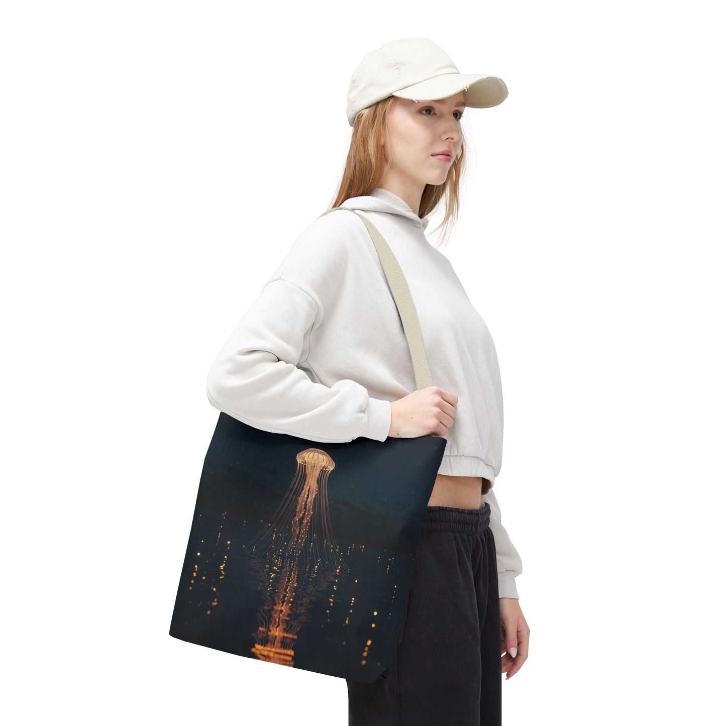 Luminous Jellyfish Tote Bag, Glow-Inspired Ocean Design Shoulder Bag, Durable Polyester Tote For Everyday Style, Gifts, And Coastal Fashion