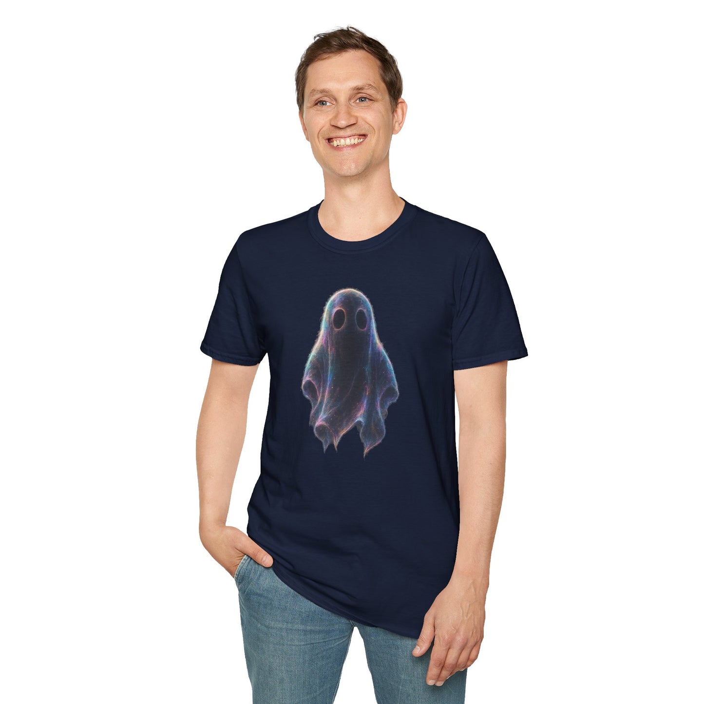 Ethereal Neon Ghost Tee - Iridescent Ghost Graphic T-Shirt, Spooky Aesthetic Halloween Shirt, Vibrant Vaporwave Ghost Tee for Fall