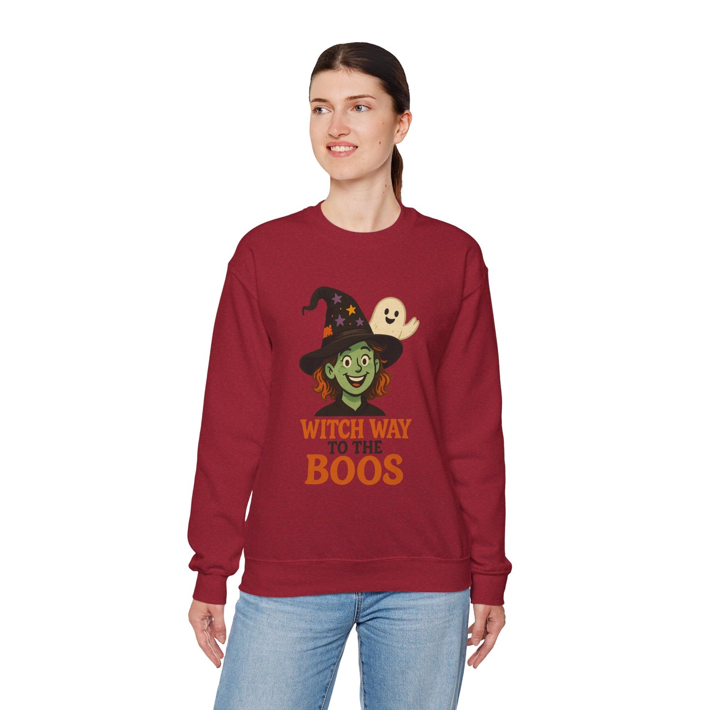 Witch Way To The Boos Sweatshirt, Funny Witch Halloween Crewneck, Witchy Ghost Sweatshirt, Spooky Season Graphic Pullover, Lighthearted Halloween Wear