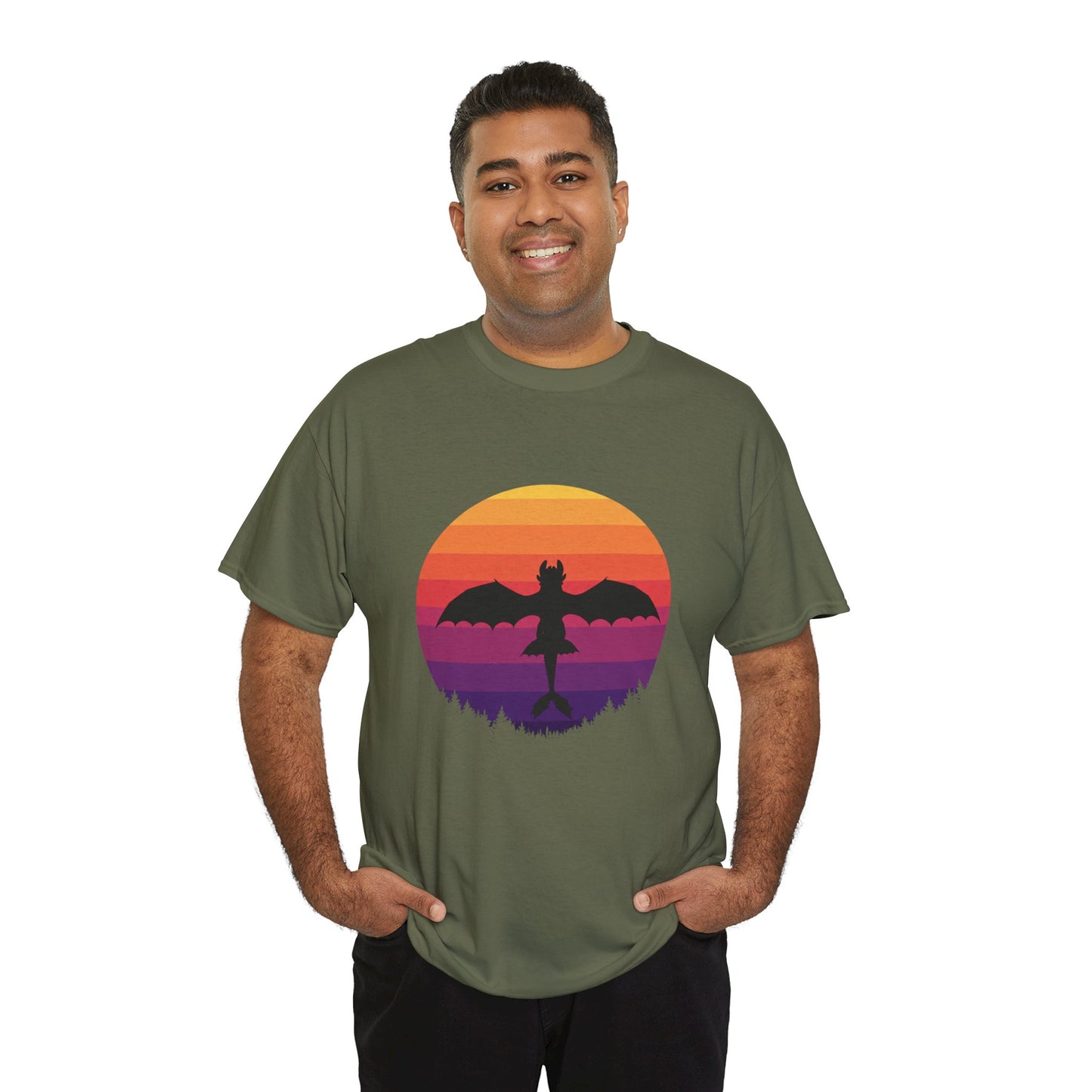 Night Dragon Sunset T-Shirt | Retro Dragon Silhouette Tee | Fantasy Dragon Shirt | Unisex Graphic Tee | Gift for Dragon Lovers