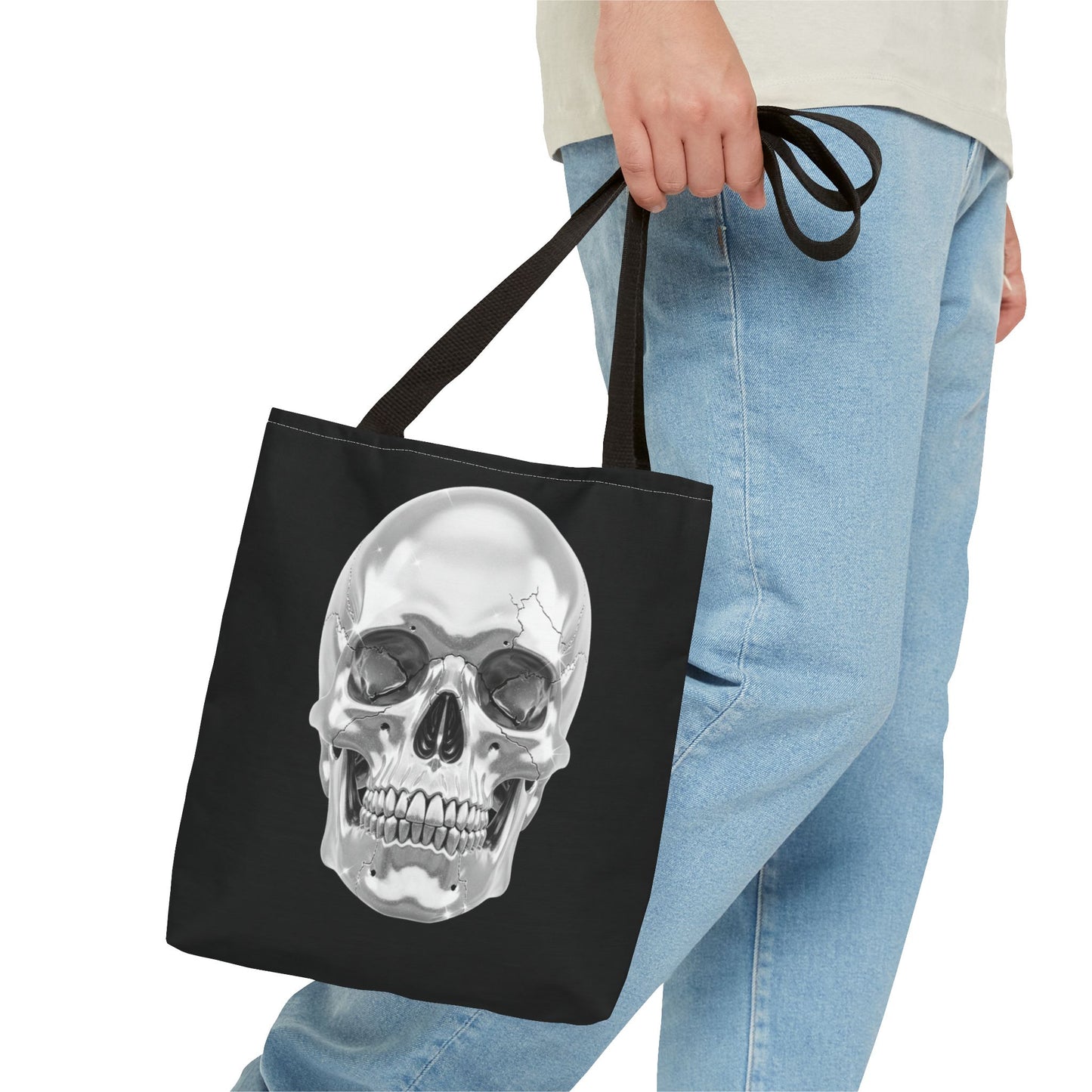 Chrome Skull Tote Bag, Gothic Halloween Canvas Tote, Metallic Skull Design Bag, Spooky Season Accessory, Skull Gift Tote For Horror Fans