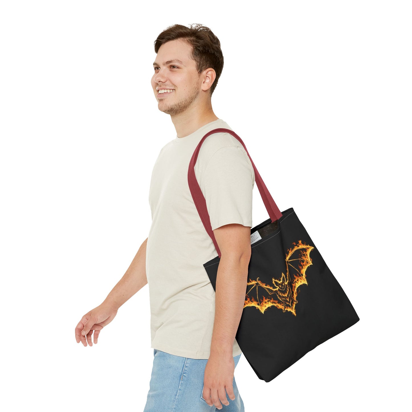 Flaming Bat Tote Bag, Gothic Halloween Canvas Tote, Fiery Wing Bat Design Tote, Spooky Season Accessory, Gothic Gift Tote