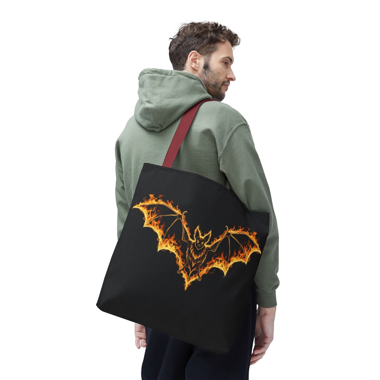 Flaming Bat Tote Bag, Gothic Halloween Canvas Tote, Fiery Wing Bat Design Tote, Spooky Season Accessory, Gothic Gift Tote