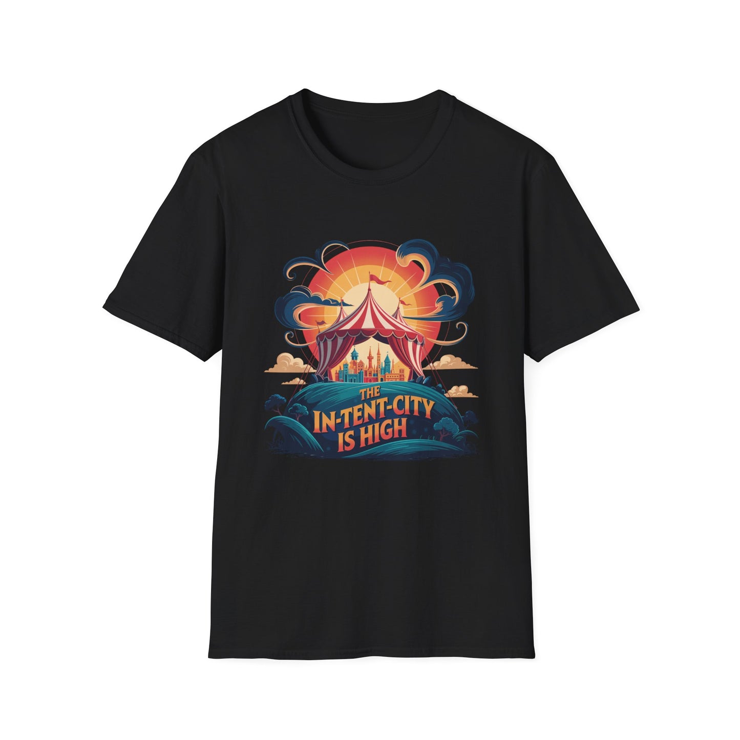 In-Tent-City Is High Retro Camp T-Shirt | Vintage Circus Tent + Cityscape Graphic | Funny Outdoors Urban Adventure Tee | Unisex Camper Shirt