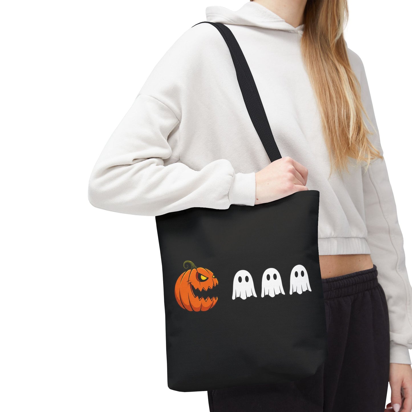 Halloween pumpkin ghost tote bag, spooky trick or treat canvas bag, ghost pumpkin design reusable tote, spooky season gift tote