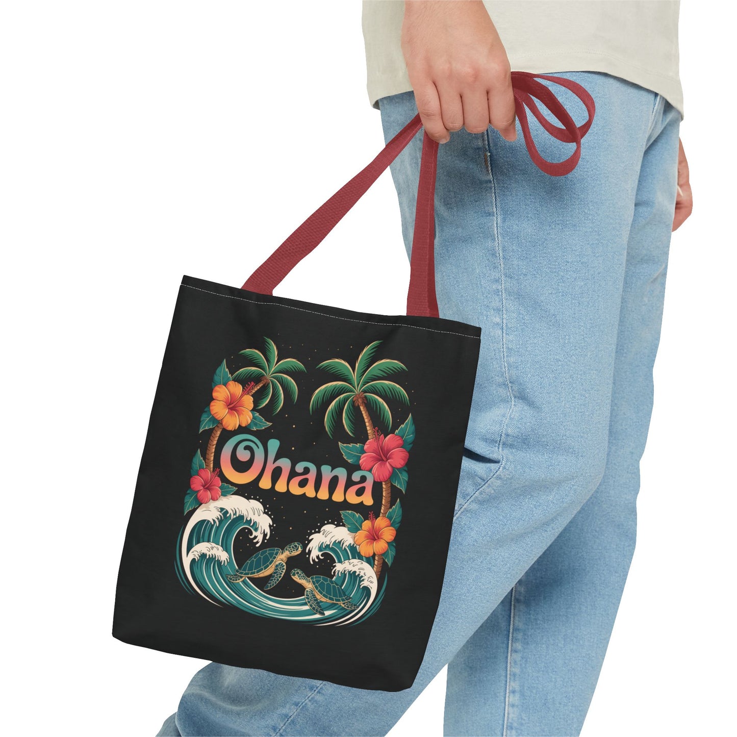 Ohana Tote Bag – Hawaiian Beach Tote with Sea Turtles & Palm Trees – Floral Tropical Reusable Bag, Summer Gift, Aesthetic Travel Purse