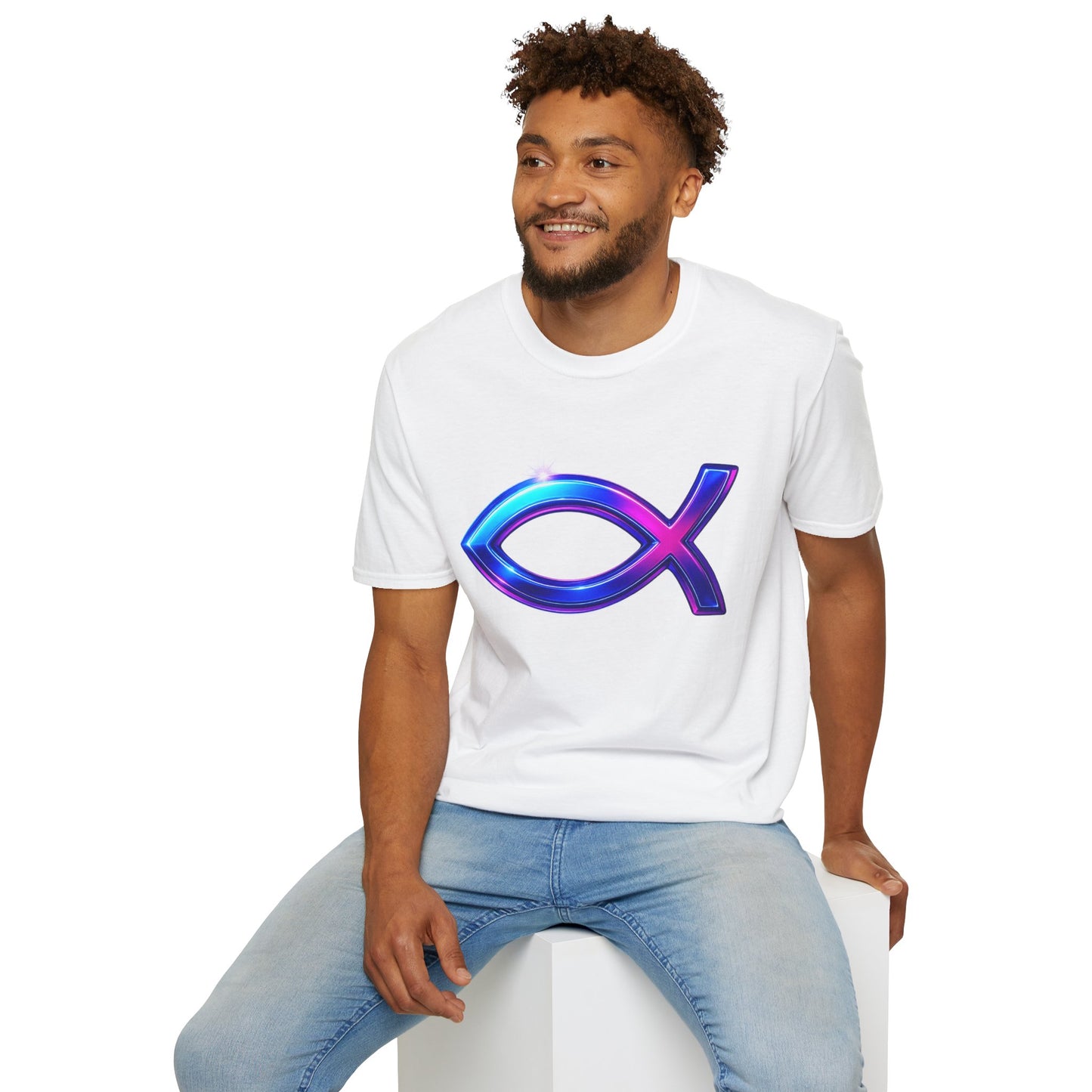 Neon Christian Fish T-Shirt, Modern Faith Tee, Ichthys Jesus Shirt, Spiritual Gift For Men And Women, Glow Cross Symbol Graphic Tee