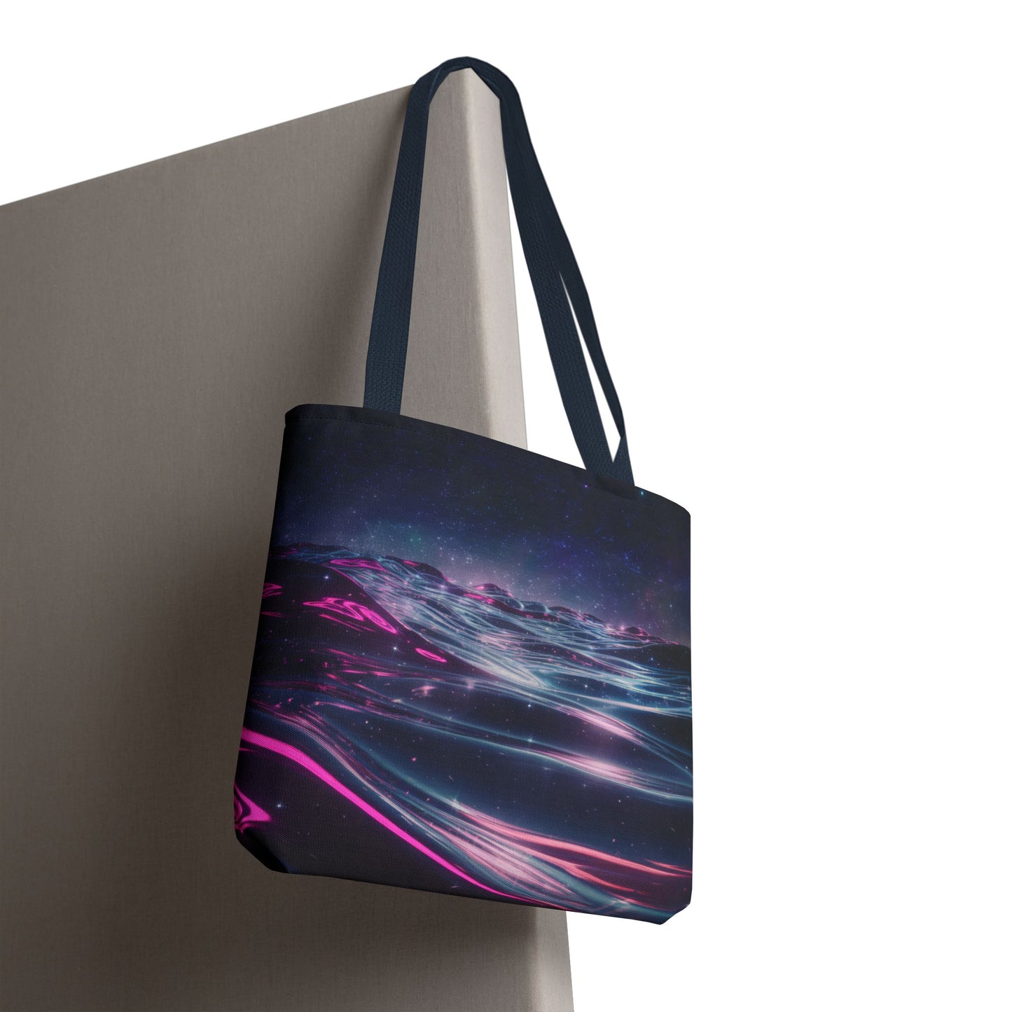 Neon Wave Horizon Tote Bag, Futuristic Ocean Design With Pink And Blue Light, Sci-Fi Aesthetic Reusable Tote For Travel, Gifts, And Everyday Use