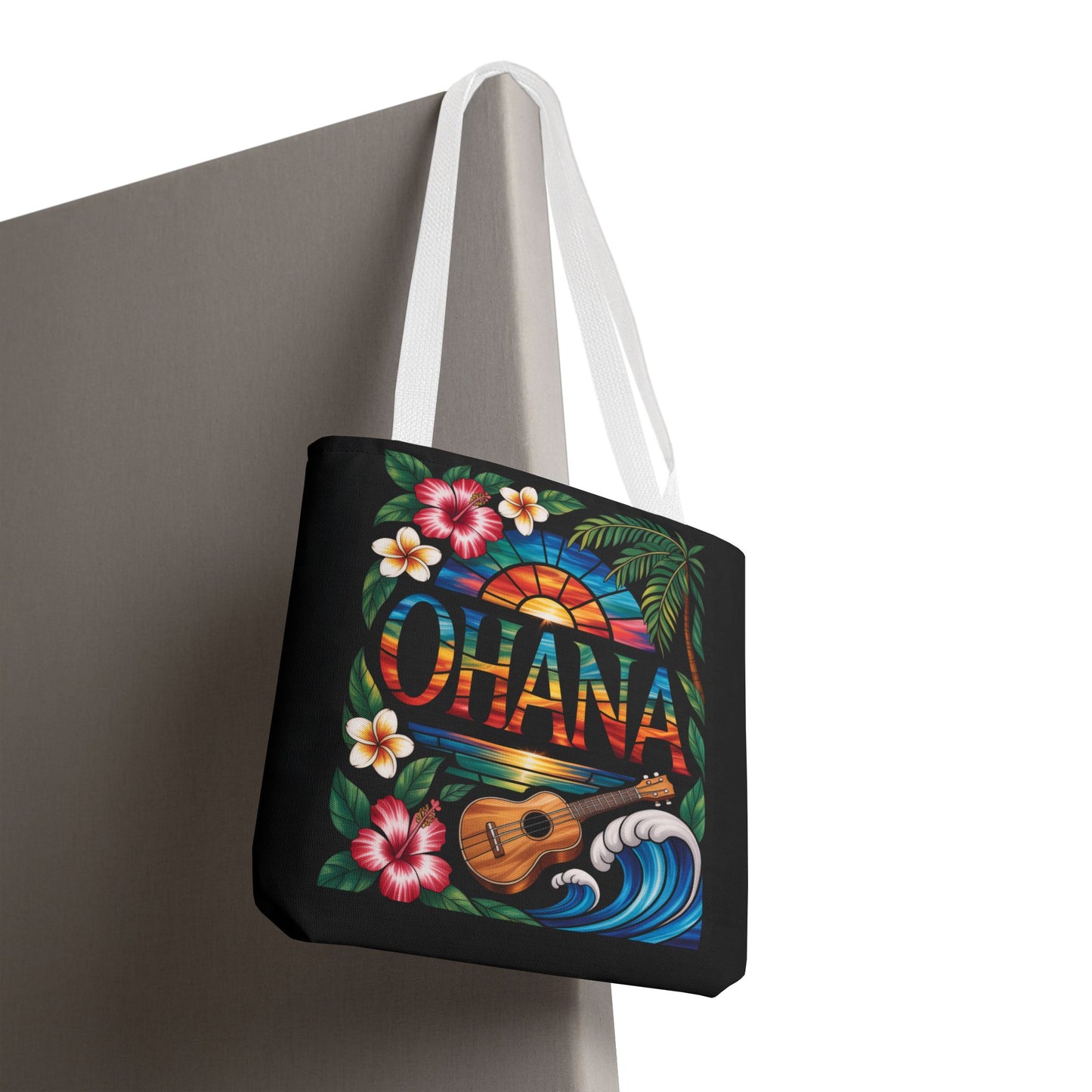 Ohana Tote Bag – Hawaiian Tropical Beach Bag with Ukulele, Sunset & Hibiscus Flowers, Island Gift for Women, Aloha Family Vibes