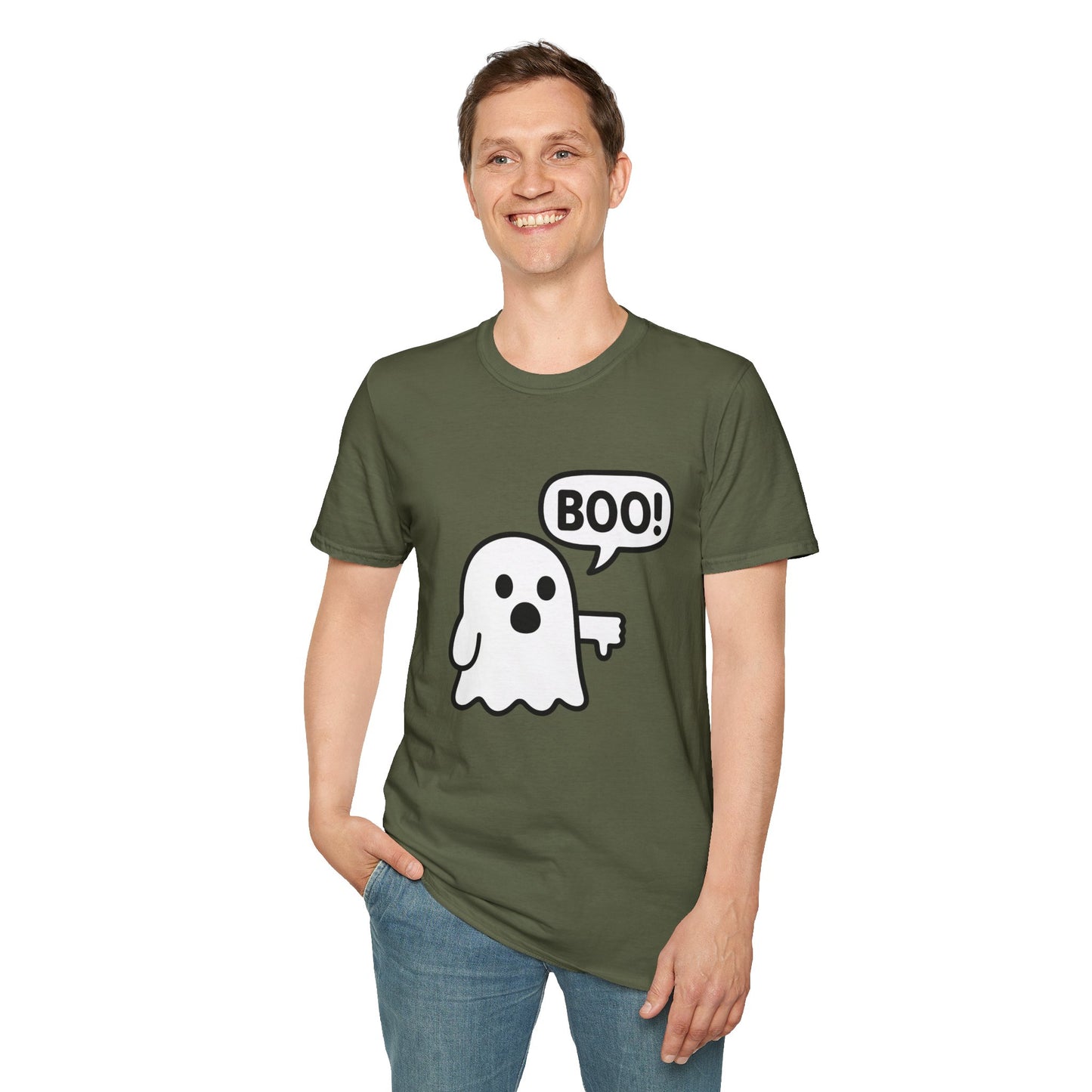 Cute Ghost Thumbs-Down 'Boo' Tee | Funny Halloween Play on Words Shirt | Spooky Season Ghost Tee | Fall Coquette Aesthetic Tee