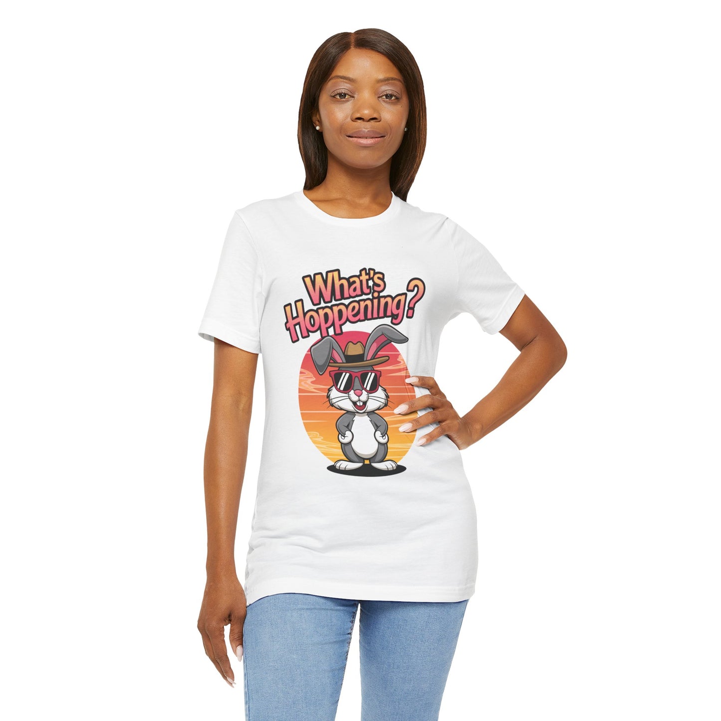 What’s Hoppening Funny Bunny Shirt – Cute Rabbit Pun T-Shirt – Sunset Graphic Tee for Animal Lovers, Easter, and Pun Enthusiasts