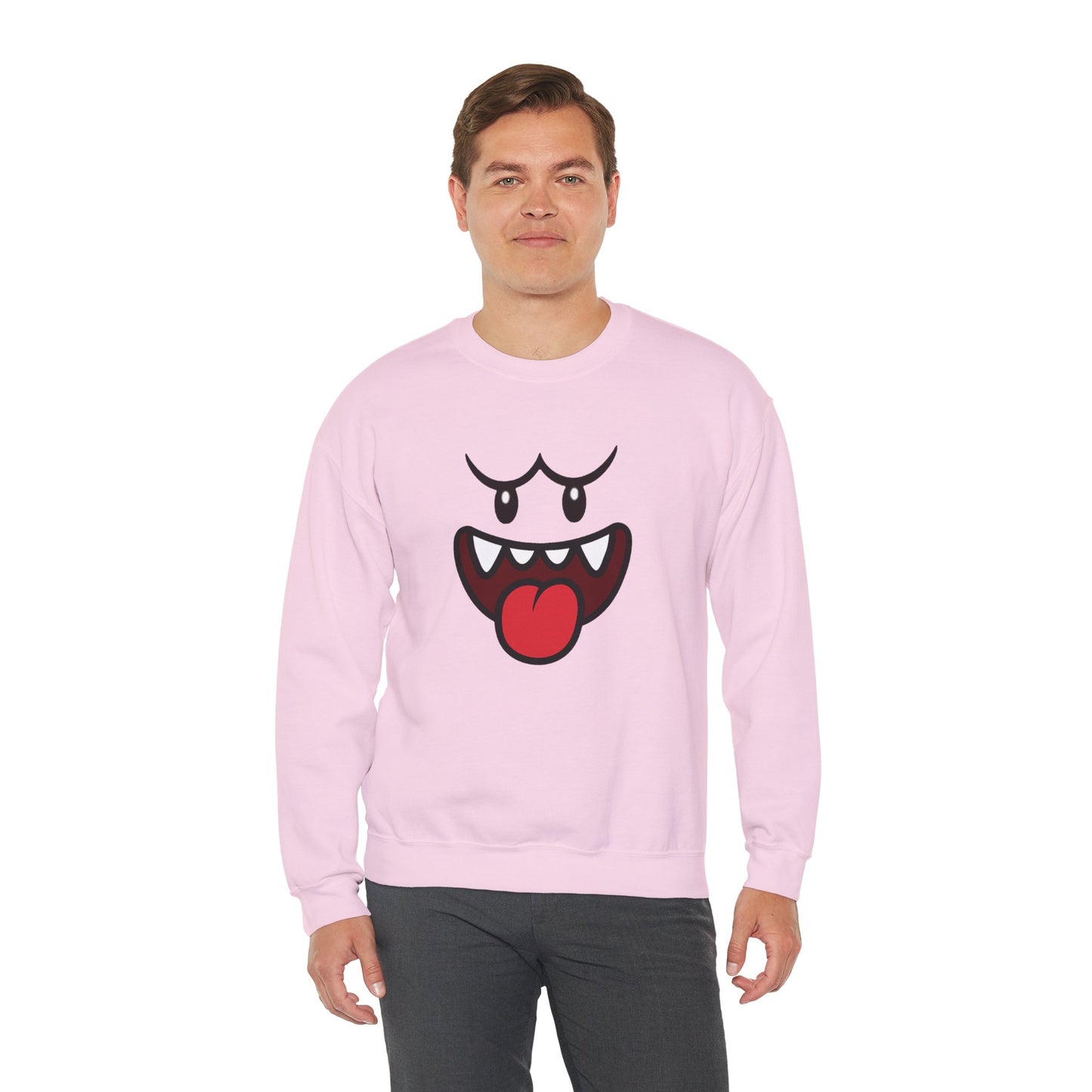 Spooky Grin Sweatshirt, Cartoon Ghost Face Crewneck, Halloween Grinning Ghost Sweatshirt, Cute Monster Smile Pullover, Spooky Season Graphic Sweat