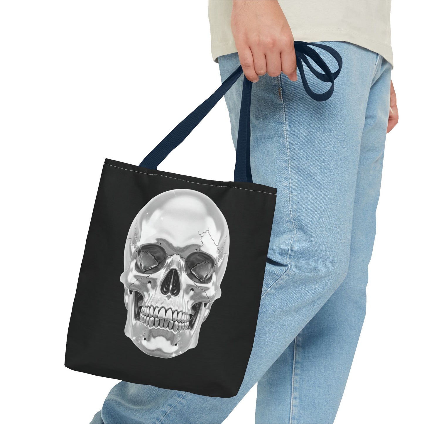 Chrome Skull Tote Bag, Gothic Halloween Canvas Tote, Metallic Skull Design Bag, Spooky Season Accessory, Skull Gift Tote For Horror Fans