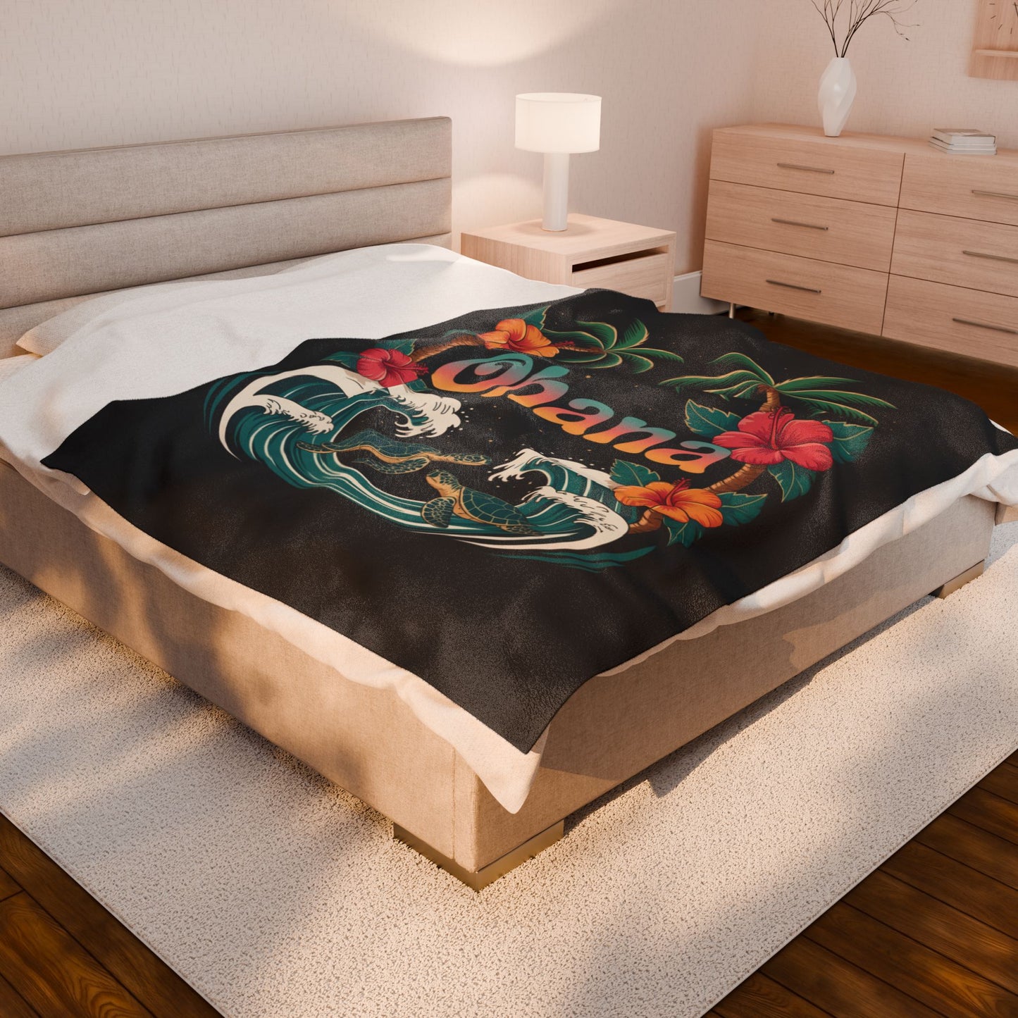 Ohana Hawaiian Turtle Blanket - Tropical Beach Throw with Palm Trees & Hibiscus - Cozy Coastal Decor Gift - Soft Summer Bed Blanket