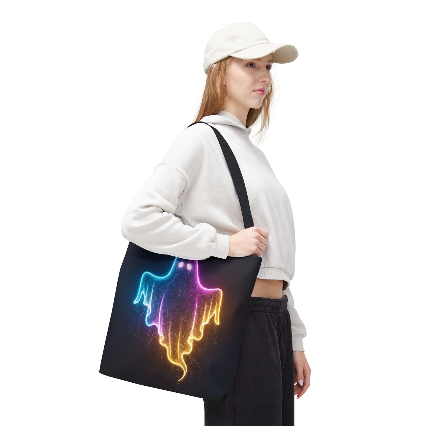 Neon Ghost Tote Bag - Bright Colorful Ghost Print Shoulder Tote, Spooky Cute Reusable Canvas Bag, Halloween Aesthetic Everyday Carry