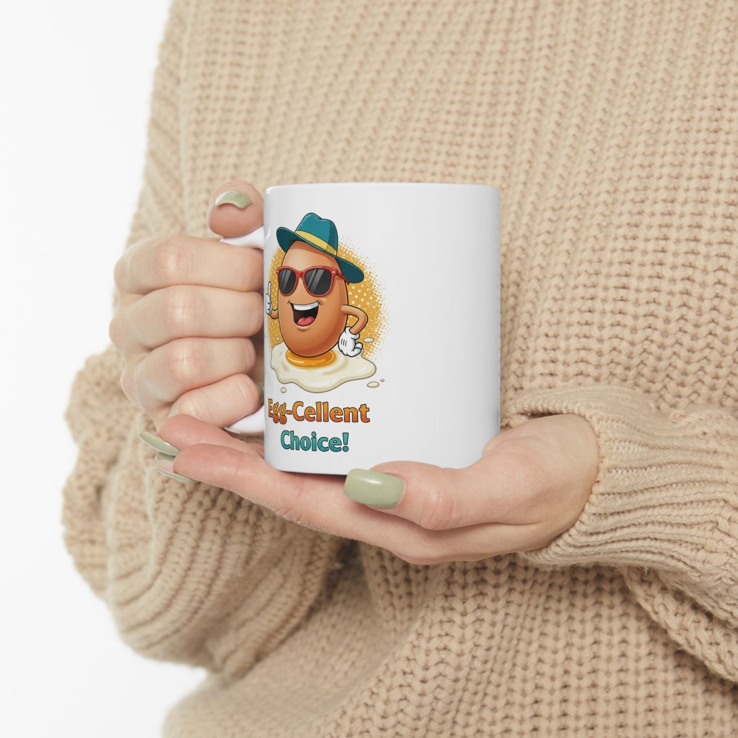 Egg-Cellent Choice! Funny Cartoon Egg Mug with Sunglasses & Hat – Cute Breakfast Ceramic Coffee Cup – Punny Gift for Egg Lovers
