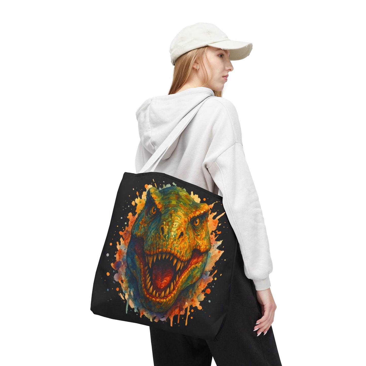 T-Rex Watercolor Tote Bag - 100% Polyester Canvas, Vibrant Dinosaur Art Bag, Reusable Beach-Market Tote, Dino Lover Gift, Bold Style