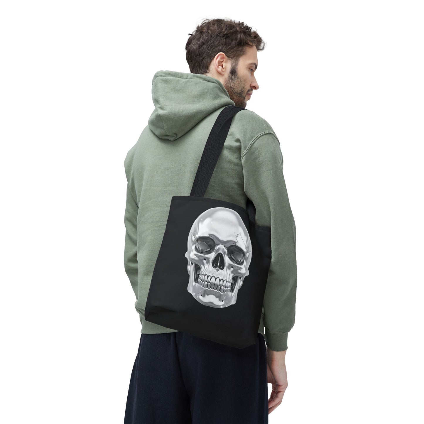 Chrome Skull Tote Bag, Gothic Halloween Canvas Tote, Metallic Skull Design Bag, Spooky Season Accessory, Skull Gift Tote For Horror Fans